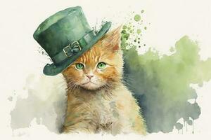 Watercolor Cat with Hat Celebrating St Patricks Day photo