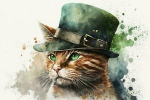 Watercolor Cat with Hat Celebrating St Patricks Day photo