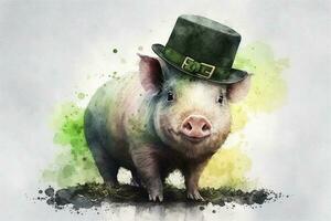 Lovely St Patricks Day Pig with Hat in Watercolors photo
