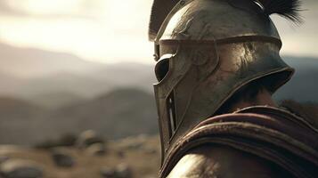 Spartan Warrior with Helmet on Battlefield photo