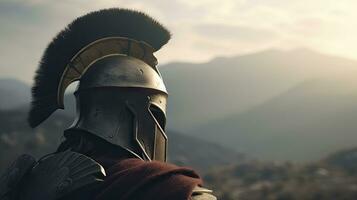 Spartan Warrior with Helmet on Battlefield photo