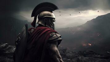 Spartan Warrior with Helmet on Battlefield photo