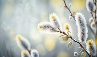 Pastel Grey Willow Branches with Blossoms and Bokeh Background photo