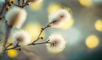 Pastel Grey Willow Branches with Blossoms and Bokeh Background photo