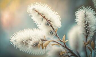 Pastel Grey Willow Branches with Blossoms and Bokeh Background photo