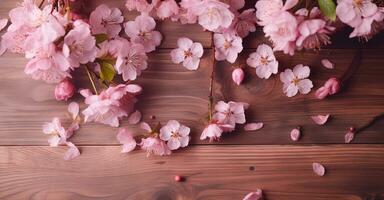 Blooming Cherry Blossoms on Pink Wooden Table for Greeting Card photo