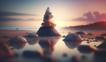 Ethereal Sunset Pyramid of Stones on Seashore photo