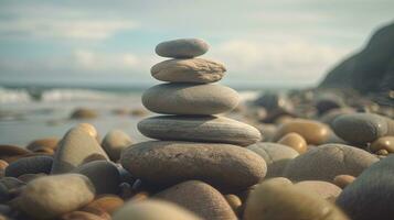 Balancing Zen Stones on Pebble Beach  Cinematic Composition with Fine Detail photo