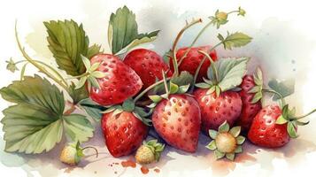 jugoso rojo fresas con hojas acuarela ilustración foto