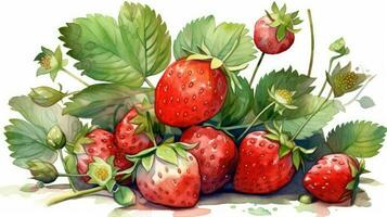 Juicy Red Strawberries with Leaves Watercolor Illustration photo