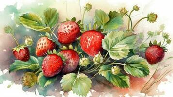 Juicy Red Strawberries with Leaves Watercolor Illustration photo