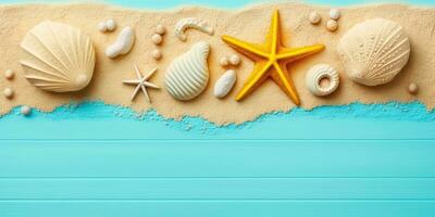 Relaxing Beach Vacation with Starfish and Seashells on Pastel Blue Wood photo