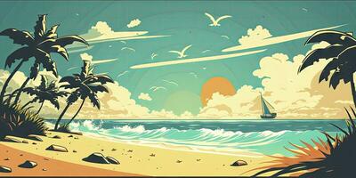 soleado paisaje de playa con palma arboles y azul Oceano olas foto