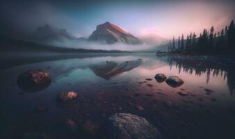 Ethereal Sunrise over Foggy Medicine Lake in Jasper Mountains photo