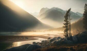 Ethereal Sunrise over Medicine Lake in Jasper National Park photo