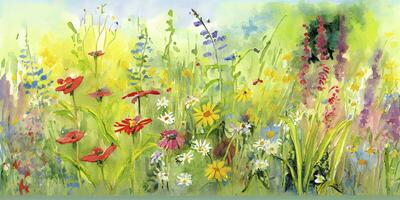 Vibrant Wildflower Garden Painting in Watercolors on Canvas photo