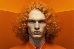 Surreal Portrait of Person with Wavy Hair and Orange Skin Against Plain Background photo