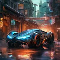 Futuristic Cyberpunk City with Super Exotic Car  Concept Art Illustration photo