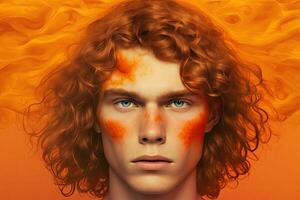 Surreal Portrait of Person with Wavy Hair and Orange Skin Against Plain Background photo