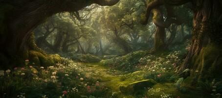 encantado bosque con lozano verdor y caprichoso floraciones foto