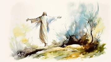 Resurrection of Jesus in Watercolor Painting on White Background photo