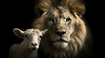 Unity in Diversity Lion and Lamb Together on Black Background photo