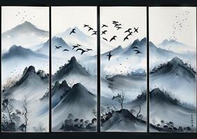 Japanese Mountains in Ink Wash Style with Flying Birds photo