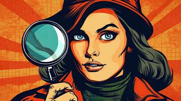 Pop Art Detective Woman Searching with Magnifying Glass photo