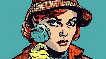 Pop Art Detective Woman Searching with Magnifying Glass photo