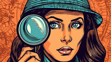 Pop Art Detective Woman Searching with Magnifying Glass photo