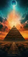 Majestic Portal Suspended Above Towering Pyramid photo