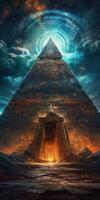 Majestic Portal Suspended Above Towering Pyramid photo