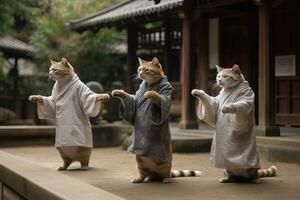 Feline Tai Chi Cats Dressed in Human Tunics Practicing in a Courtyard photo