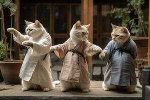 Feline Tai Chi Cats Dressed in Human Tunics Practicing in a Courtyard photo