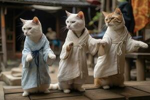 Feline Tai Chi Cats Dressed in Human Tunics Practicing in a Courtyard photo