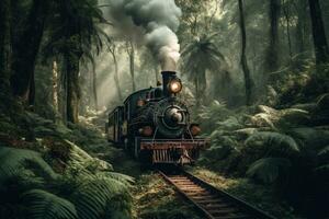 Steam Train Passing Through Lush Forest  Cinematic Shot photo