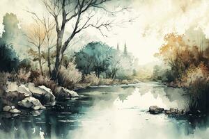 Tranquil Watercolor River with Calming Tones photo