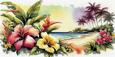 Vibrant Watercolor of a Tropical Paradise photo