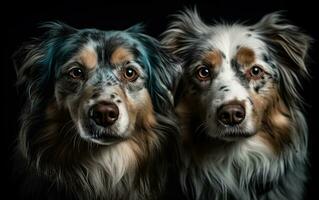 Energetic Expressions of Two Furry Dogs in Dark Cyan and White photo