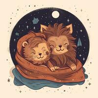 Sleeping Lion Cubs Cuddled Under Starry Blanket photo