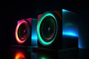 Vibrant Neon Stereo Speakers on Dark Background for Music Lovers photo