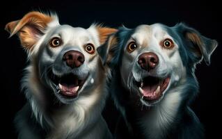 Playful Dogs with Open Mouths on Dark Blue Background photo