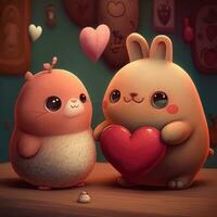 Cute Valentines Day Cartoon Animals in Kawaii Style photo