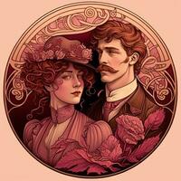 romántico Arte Nouveau Pareja en rosado y rojo foto