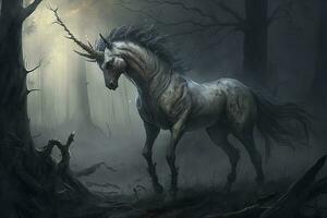 Untamed Unicorn with a Dark Coat and Fiery Eyes photo