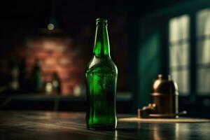 refrescante verde cerveza botella en cinematográfico Disparo foto