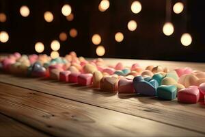 Romantic Valentines Day Product Display on Pastel Wooden Table with Bokeh Lights photo