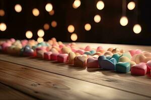 romántico san valentin día producto monitor en pastel de madera mesa con bokeh luces foto