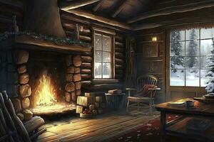 Cozy Winter Fireplace in Log Cabin Illustration photo