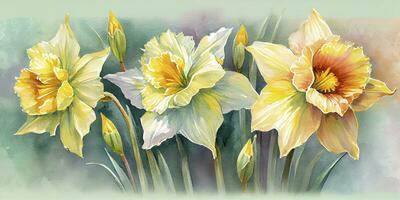 Peppermint Daffodils Vibrant Watercolor Greeting Card Design photo